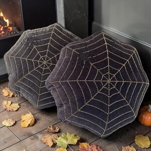 Threshold Halloween Spider Web Beaded Velvet Hexagon Pillows Black Gold Set 2